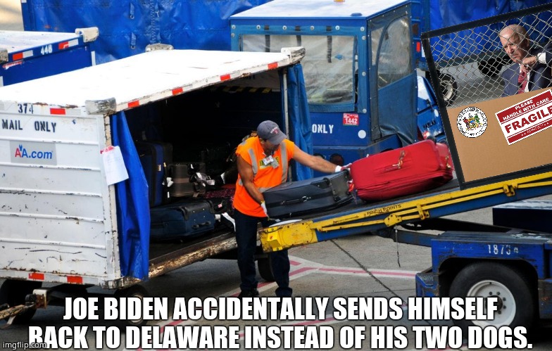 Biden dogs removed from white house after aggressive behaviour. | JOE BIDEN ACCIDENTALLY SENDS HIMSELF BACK TO DELAWARE INSTEAD OF HIS TWO DOGS. | image tagged in memes,joe biden,white house,funny memes,fun,political meme | made w/ Imgflip meme maker
