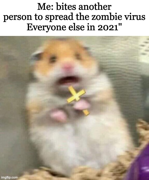 2021 is the worst yet to come | Me: bites another person to spread the zombie virus
Everyone else in 2021" | image tagged in scared hamster with cross | made w/ Imgflip meme maker