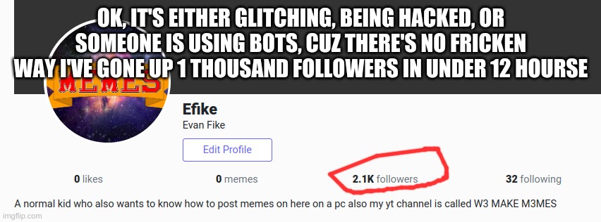 wtf | OK, IT'S EITHER GLITCHING, BEING HACKED, OR SOMEONE IS USING BOTS, CUZ THERE'S NO FRICKEN WAY I'VE GONE UP 1 THOUSAND FOLLOWERS IN UNDER 12 HOURSE | image tagged in memes | made w/ Imgflip meme maker