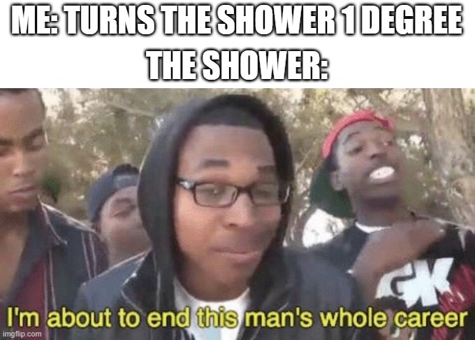Its True | ME: TURNS THE SHOWER 1 DEGREE; THE SHOWER: | image tagged in i m about to end this man s whole career,shower | made w/ Imgflip meme maker