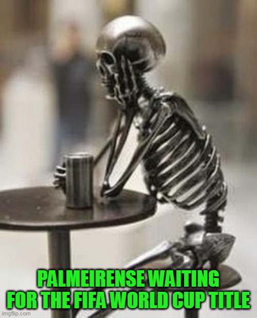 A espera de um milagre | PALMEIRENSE WAITING FOR THE FIFA WORLD CUP TITLE | image tagged in caveira cadeira | made w/ Imgflip meme maker