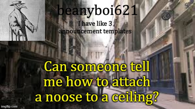 *without the addition of money* | Can someone tell me how to attach a noose to a ceiling? | image tagged in medival beany | made w/ Imgflip meme maker