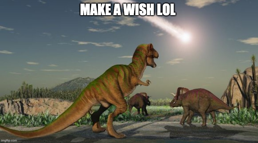 Hhe |  MAKE A WISH LOL | image tagged in dinosaurs meteor | made w/ Imgflip meme maker