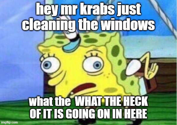 Mocking Spongebob Meme | hey mr krabs just cleaning the windows; what the  WHAT THE HECK OF IT IS GOING ON IN HERE | image tagged in memes,mocking spongebob | made w/ Imgflip meme maker