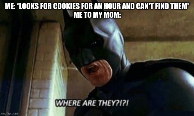Dark Knight is a good movie |  ME: *LOOKS FOR COOKIES FOR AN HOUR AND CAN'T FIND THEM*
ME TO MY MOM: | image tagged in batman where are they 12345 | made w/ Imgflip meme maker