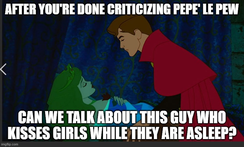 AFTER YOU'RE DONE CRITICIZING PEPE' LE PEW; CAN WE TALK ABOUT THIS GUY WHO KISSES GIRLS WHILE THEY ARE ASLEEP? | made w/ Imgflip meme maker