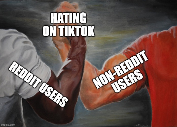 Hating on TikTok with Reddit users and Non-Reddit users alike | HATING ON TIKTOK; NON-REDDIT USERS; REDDIT USERS | image tagged in memes,epic handshake | made w/ Imgflip meme maker