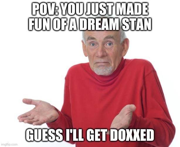 they're insane | POV: YOU JUST MADE FUN OF A DREAM STAN; GUESS I'LL GET DOXXED | image tagged in guess i ll die | made w/ Imgflip meme maker