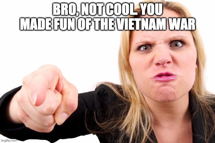 Offended woman | BRO, NOT COOL. YOU MADE FUN OF THE VIETNAM WAR | image tagged in offended woman | made w/ Imgflip meme maker