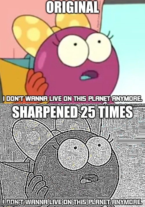 ORIGINAL; SHARPENED 25 TIMES | image tagged in i don't wanna live on this planet anymore | made w/ Imgflip meme maker