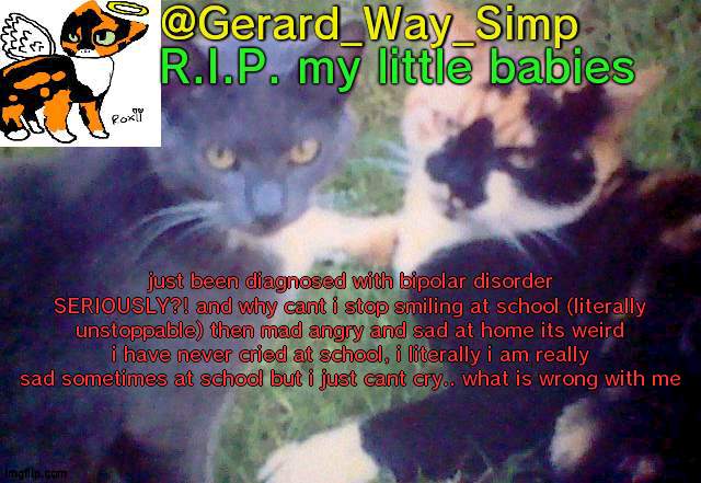 i know "nObOdY asKed" | just been diagnosed with bipolar disorder SERIOUSLY?! and why cant i stop smiling at school (literally unstoppable) then mad angry and sad at home its weird i have never cried at school, i literally i am really sad sometimes at school but i just cant cry.. what is wrong with me | image tagged in gerard_way_simp announcement template | made w/ Imgflip meme maker