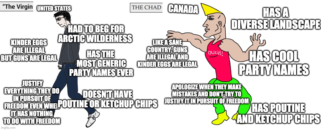 Virgin and Chad | HAS A DIVERSE LANDSCAPE; UNITED STATES; CANADA; HAD TO BEG FOR ARCTIC WILDERNESS; LIKE A SANE COUNTRY, GUNS ARE ILLEGAL AND KINDER EGGS ARE LEGAL; KINDER EGGS ARE ILLEGAL BUT GUNS ARE LEGAL; HAS COOL PARTY NAMES; HAS THE  MOST GENERIC PARTY NAMES EVER; JUSTIFY EVERYTHING THEY DO IN PURSUIT OF FREEDOM EVEN WHEN IT HAS NOTHING TO DO WITH FREEDOM; APOLOGIZE WHEN THEY MAKE MISTAKES AND DON'T TRY TO JUSTIFY IT IN PURSUIT OF FREEDOM; DOESN'T HAVE POUTINE OR KETCHUP CHIPS; HAS POUTINE AND KETCHUP CHIPS | image tagged in virgin and chad | made w/ Imgflip meme maker