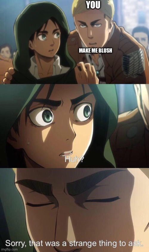 Strange question attack on titan | MAKE ME BLUSH YOU | image tagged in strange question attack on titan | made w/ Imgflip meme maker