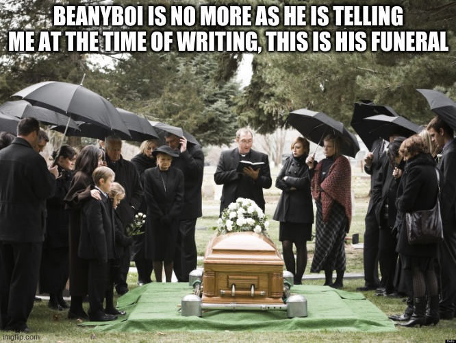 Funeral | BEANYBOI IS NO MORE AS HE IS TELLING ME AT THE TIME OF WRITING, THIS IS HIS FUNERAL | image tagged in funeral | made w/ Imgflip meme maker