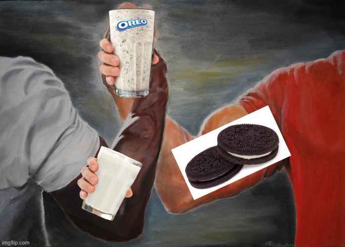 Milk + Oreo = Oreo Milk | image tagged in memes,epic handshake,oreo milkshake | made w/ Imgflip meme maker