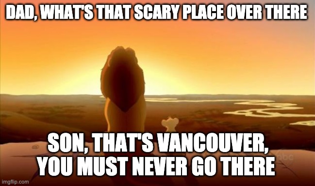 Mufasa Vancouver |  DAD, WHAT'S THAT SCARY PLACE OVER THERE; SON, THAT'S VANCOUVER, YOU MUST NEVER GO THERE | image tagged in mufasa and simba,vancouver,eastvan,downtown eastside | made w/ Imgflip meme maker