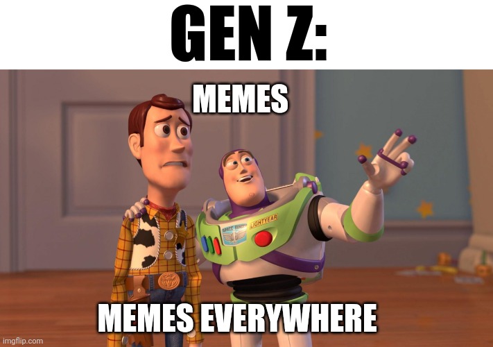 Gen Z in a nutshell | GEN Z:; MEMES; MEMES EVERYWHERE | image tagged in memes,x x everywhere | made w/ Imgflip meme maker