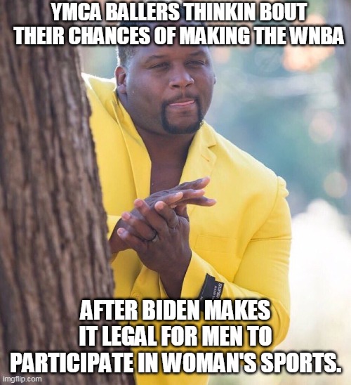 Black guy hiding behind tree | YMCA BALLERS THINKIN BOUT THEIR CHANCES OF MAKING THE WNBA; AFTER BIDEN MAKES IT LEGAL FOR MEN TO PARTICIPATE IN WOMAN'S SPORTS. | image tagged in black guy hiding behind tree | made w/ Imgflip meme maker