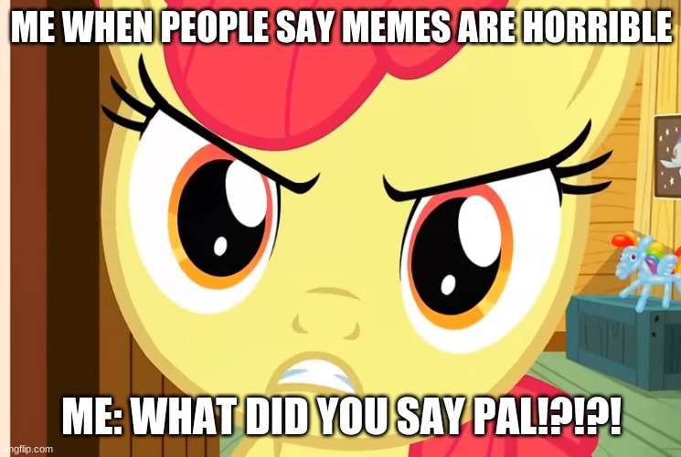 Apple Bloom is Pissed (MLP) | ME WHEN PEOPLE SAY MEMES ARE HORRIBLE; ME: WHAT DID YOU SAY PAL!?!?! | image tagged in apple bloom is pissed mlp | made w/ Imgflip meme maker