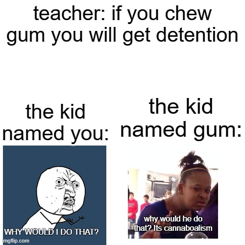 This is a repost because of cannoboalism | teacher: if you chew gum you will get detention; the kid named gum:; the kid named you:; why would he do that? Its cannaboalism; WHY WOULD I DO THAT? | image tagged in memes,blank transparent square | made w/ Imgflip meme maker