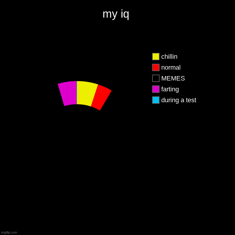 my iq | during a test, farting, MEMES, normal, chillin | image tagged in charts,donut charts | made w/ Imgflip chart maker