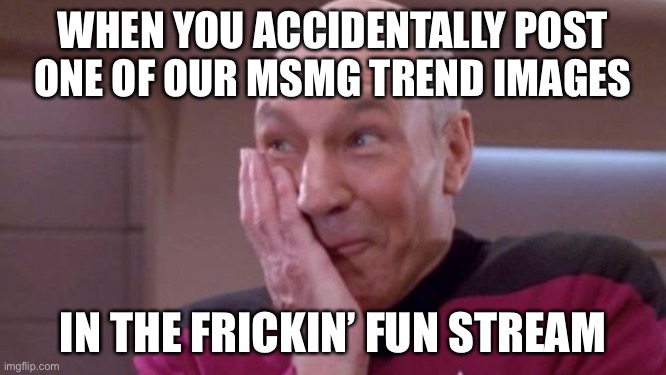 LOL | WHEN YOU ACCIDENTALLY POST ONE OF OUR MSMG TREND IMAGES; IN THE FRICKIN’ FUN STREAM | image tagged in picard oops,funny,fun stream,trends | made w/ Imgflip meme maker