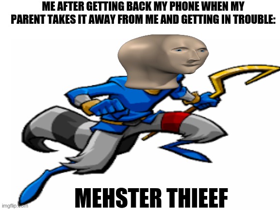 Make this a template??? | ME AFTER GETTING BACK MY PHONE WHEN MY PARENT TAKES IT AWAY FROM ME AND GETTING IN TROUBLE:; MEHSTER THIEEF | image tagged in sly cooper | made w/ Imgflip meme maker