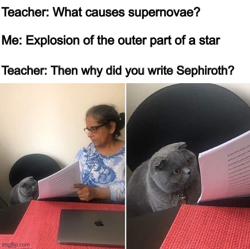 I love astronomy | Teacher: What causes supernovae? Me: Explosion of the outer part of a star; Teacher: Then why did you write Sephiroth? | image tagged in woman showing paper to cat,final fantasy 7,school,memes | made w/ Imgflip meme maker