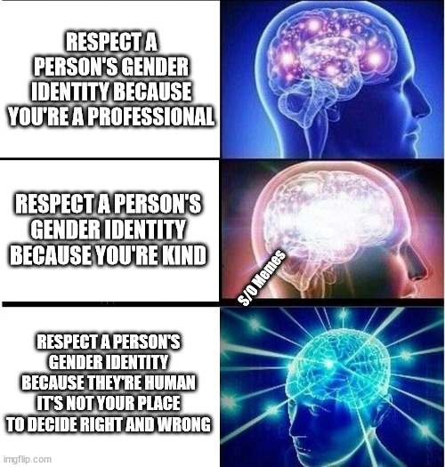 Expanding brain 3 panels | RESPECT A PERSON'S GENDER IDENTITY BECAUSE YOU'RE A PROFESSIONAL; RESPECT A PERSON'S GENDER IDENTITY BECAUSE YOU'RE KIND; S/O Memes; RESPECT A PERSON'S GENDER IDENTITY BECAUSE THEY'RE HUMAN IT'S NOT YOUR PLACE TO DECIDE RIGHT AND WRONG | image tagged in expanding brain 3 panels | made w/ Imgflip meme maker