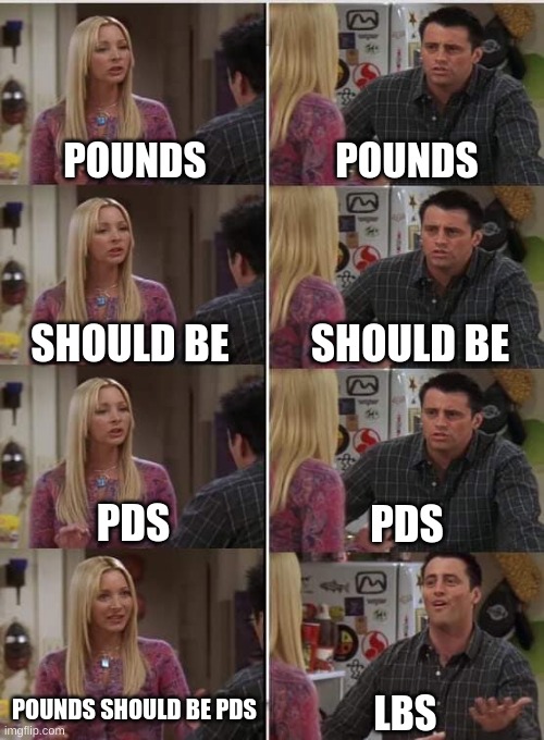 why tho | POUNDS; POUNDS; SHOULD BE; SHOULD BE; PDS; PDS; POUNDS SHOULD BE PDS; LBS | image tagged in phoebe joey,why tho | made w/ Imgflip meme maker