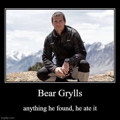 Bear | Bear Grylls | anything he found, he ate it | image tagged in funny,bear grylls,survivor | made w/ Imgflip demotivational maker