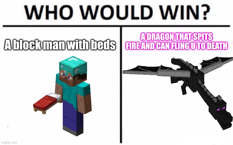 BOOM | A block man with beds; A DRAGON THAT SPITS FIRE AND CAN FLING U TO DEATH | image tagged in memes,minecraft | made w/ Imgflip meme maker