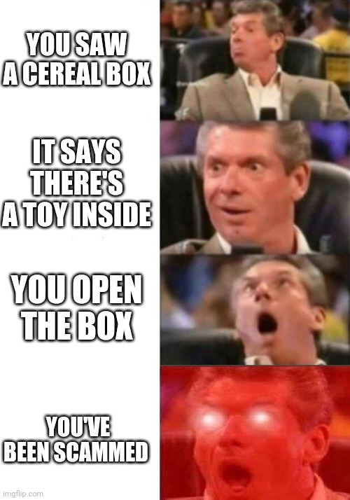 Mr. McMahon reaction | YOU SAW A CEREAL BOX; IT SAYS THERE'S A TOY INSIDE; YOU OPEN THE BOX; YOU'VE BEEN SCAMMED | image tagged in mr mcmahon reaction | made w/ Imgflip meme maker