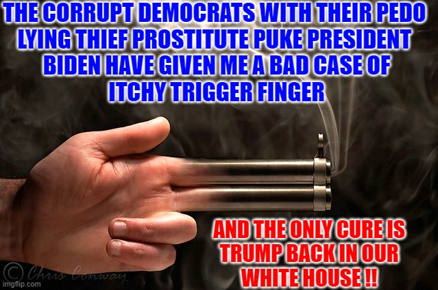 ITCHY TRIGGER FINGER | THE CORRUPT DEMOCRATS WITH THEIR PEDO 
LYING THIEF PROSTITUTE PUKE PRESIDENT 
BIDEN HAVE GIVEN ME A BAD CASE OF
ITCHY TRIGGER FINGER; AND THE ONLY CURE IS
TRUMP BACK IN OUR
WHITE HOUSE !! | image tagged in biden dems | made w/ Imgflip meme maker