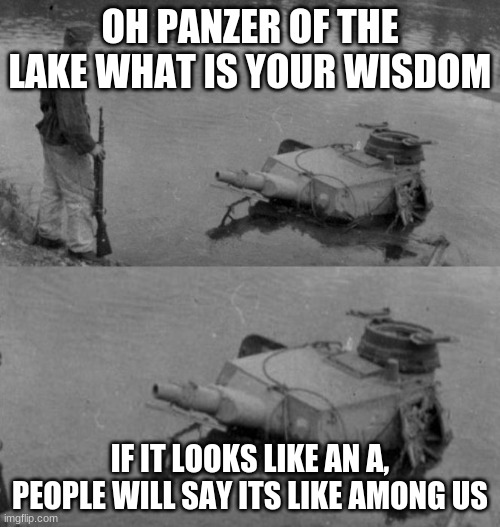 good wisdom | OH PANZER OF THE LAKE WHAT IS YOUR WISDOM; IF IT LOOKS LIKE AN A, PEOPLE WILL SAY ITS LIKE AMONG US | image tagged in panzer of the lake | made w/ Imgflip meme maker