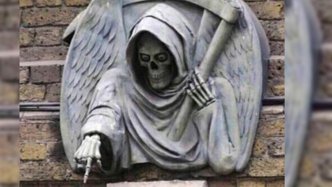 Skeleton Angel with scythe pointing Blank Meme Template