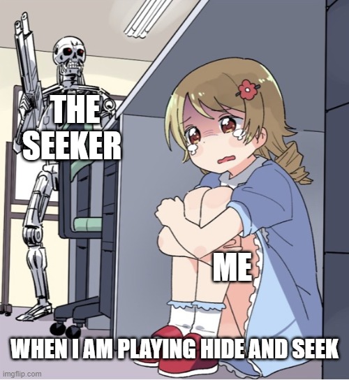 hide and a=seek | THE SEEKER; ME; WHEN I AM PLAYING HIDE AND SEEK | image tagged in anime girl hiding from terminator | made w/ Imgflip meme maker