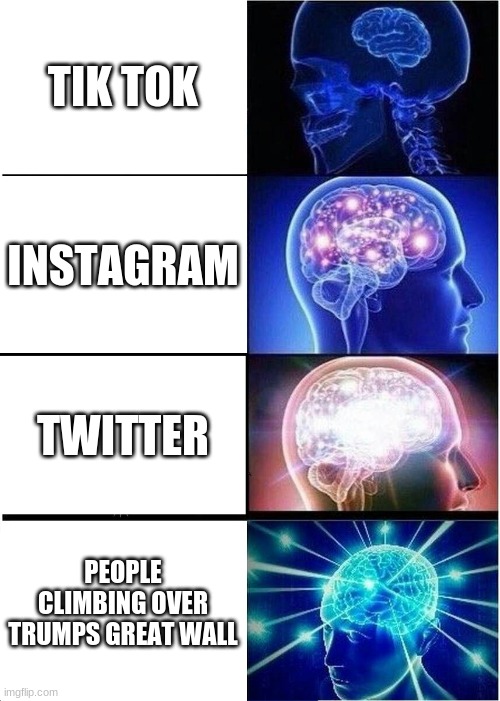 Expanding Brain Meme | TIK TOK; INSTAGRAM; TWITTER; PEOPLE CLIMBING OVER TRUMPS GREAT WALL | image tagged in memes,expanding brain | made w/ Imgflip meme maker