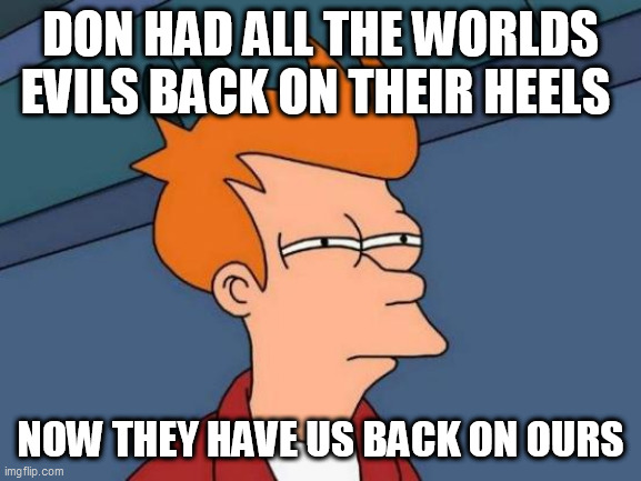 Futurama Fry | DON HAD ALL THE WORLDS EVILS BACK ON THEIR HEELS; NOW THEY HAVE US BACK ON OURS | image tagged in memes,futurama fry | made w/ Imgflip meme maker