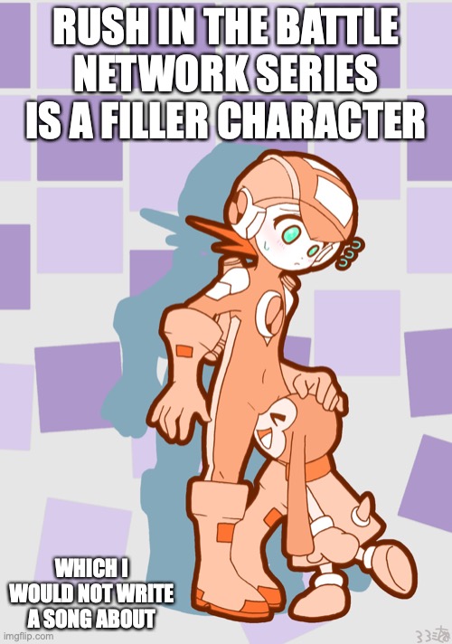 MegaMan.EXE and Rush | RUSH IN THE BATTLE NETWORK SERIES IS A FILLER CHARACTER; WHICH I WOULD NOT WRITE A SONG ABOUT | image tagged in megaman,megaman battle network,memes | made w/ Imgflip meme maker