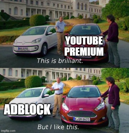 nobody has yt premium | YOUTUBE PREMIUM; ADBLOCK | image tagged in this is brilliant but i like this | made w/ Imgflip meme maker