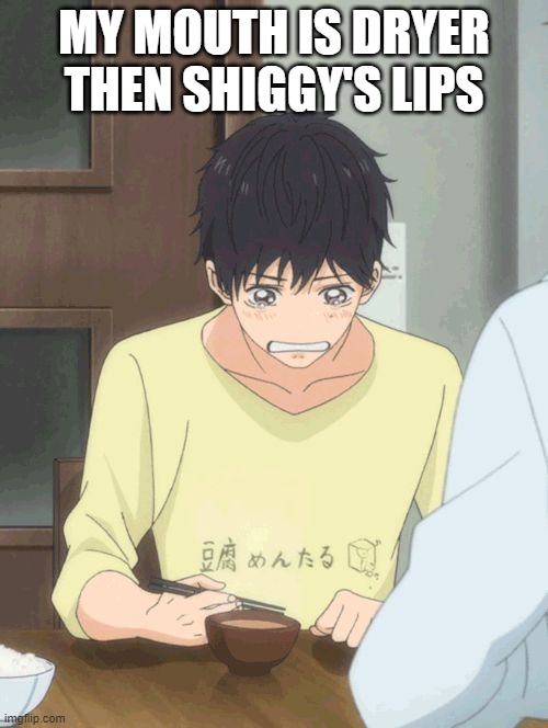Yochi crying | MY MOUTH IS DRYER THEN SHIGGY'S LIPS | image tagged in yochi crying | made w/ Imgflip meme maker