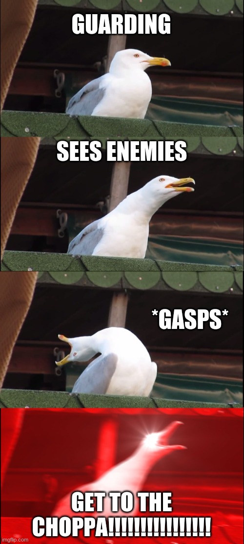 choppa!! | GUARDING; SEES ENEMIES; *GASPS*; GET TO THE CHOPPA!!!!!!!!!!!!!!!! | image tagged in memes,inhaling seagull | made w/ Imgflip meme maker