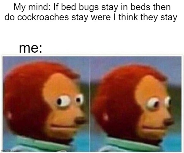 i know that they don't i was just trying to make something funny | My mind: If bed bugs stay in beds then do cockroaches stay were I think they stay; me: | image tagged in memes,monkey puppet | made w/ Imgflip meme maker