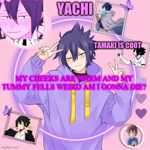 Yachi's Tamaki temp | MY CHEEKS ARE WARM AND MY TUMMY FELLS WEIRD AM I GONNA DIE? | image tagged in yachi's tamaki temp | made w/ Imgflip meme maker