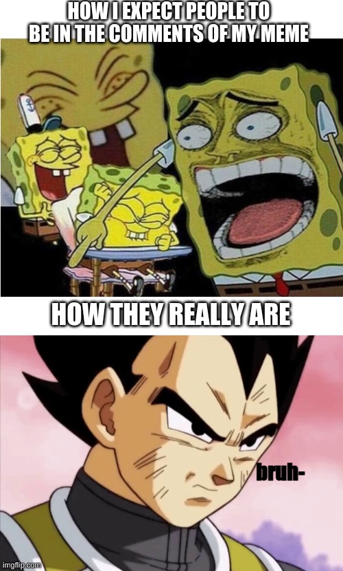 HOW I EXPECT PEOPLE TO BE IN THE COMMENTS OF MY MEME; HOW THEY REALLY ARE; bruh- | image tagged in mocking spongebob,vegeta bruh | made w/ Imgflip meme maker