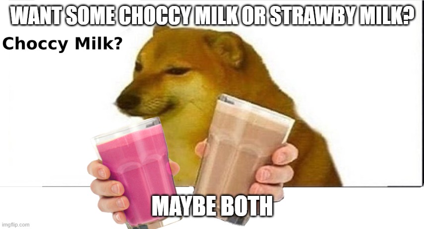 doge choccy milk | WANT SOME CHOCCY MILK OR STRAWBY MILK? MAYBE BOTH | image tagged in doge choccy milk | made w/ Imgflip meme maker