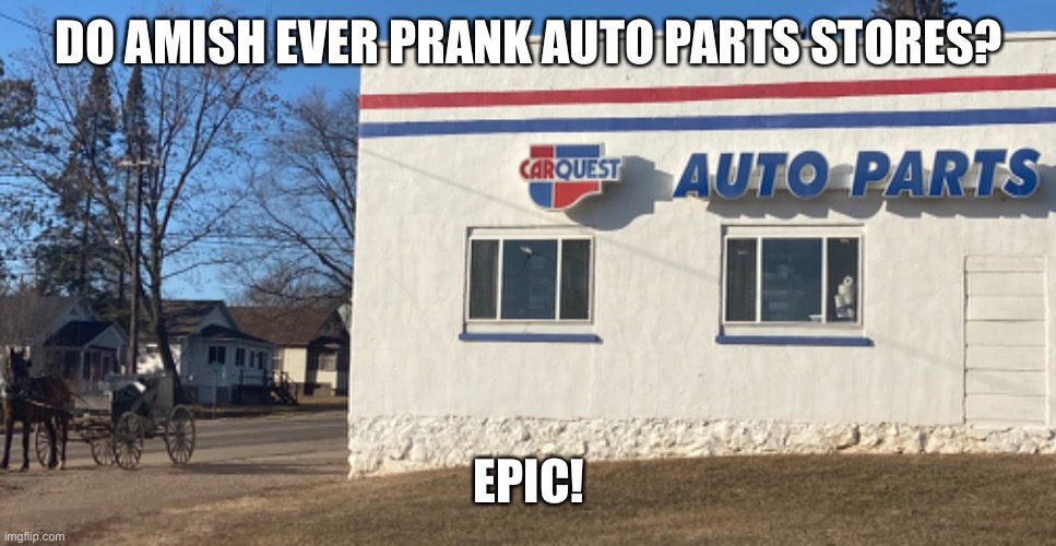 Amish prank auto parts store | DO AMISH EVER PRANK AUTO PARTS STORES? EPIC! | image tagged in amish,horse,auto,horse automotive | made w/ Imgflip meme maker