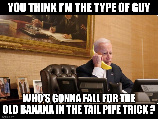 YOU THINK I’M THE TYPE OF GUY; WHO’S GONNA FALL FOR THE OLD BANANA IN THE TAIL PIPE TRICK ? | made w/ Imgflip meme maker