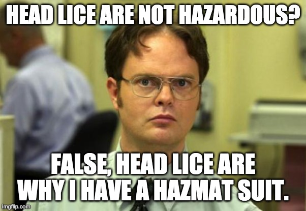 Dwight Schrute | HEAD LICE ARE NOT HAZARDOUS? FALSE, HEAD LICE ARE WHY I HAVE A HAZMAT SUIT. | image tagged in memes,dwight schrute | made w/ Imgflip meme maker